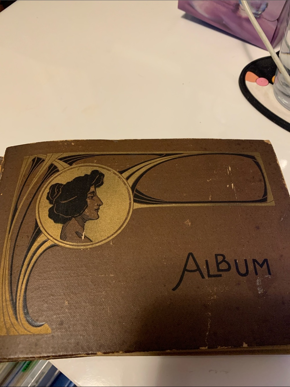 Early 1900s Art Nouveau Style Brown Decorative Postcard Album with Gold Accents